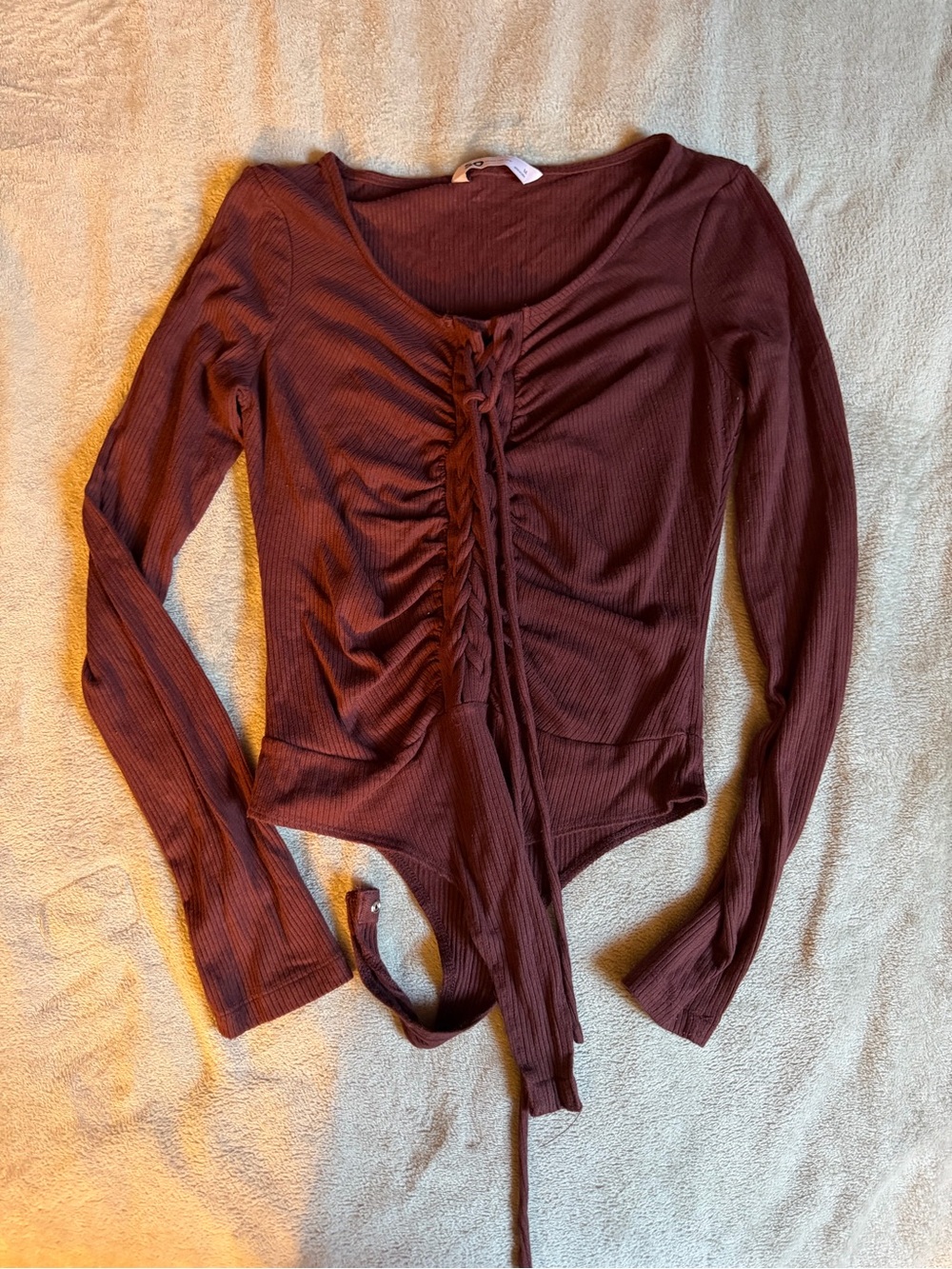 Ribbed Long-Sleeve Lace-Up Bodysuit - Burgundy